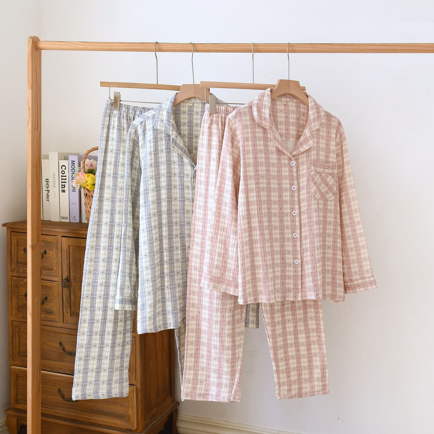 Gauze Couple Notch Collar Pajama Set, Four-Season Thin Long-Sleeve Long-Pants Cotton Double-Layer Gauze Homewear