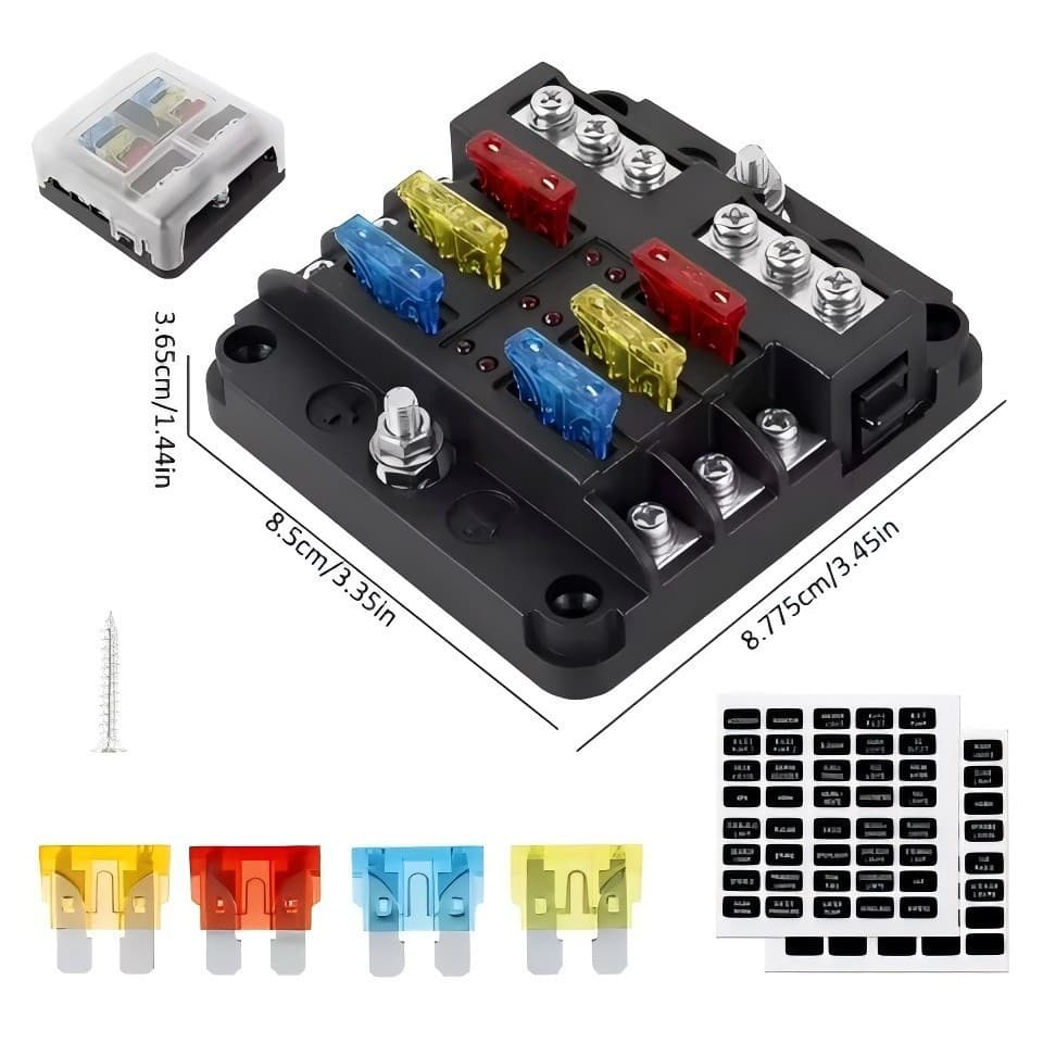 Car 6-Way Blade Fuse Box with Negative Bus, LED Indicator, Multi-Circuit Fuse Holder for Boat & Vehicle Accessories