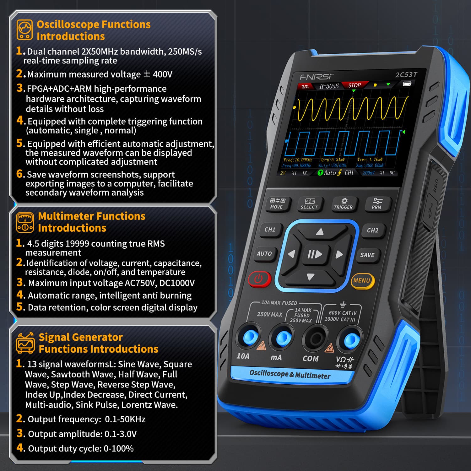 FNIRSI 2C53T 3-in-1 Oscilloscope Multimeter Signal Generator