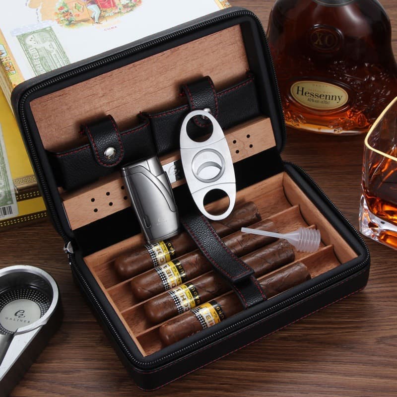 Portable Cigar Case Travel Humidor Three-Piece Set Cedar Wood Cigar Box Leather Case Storage