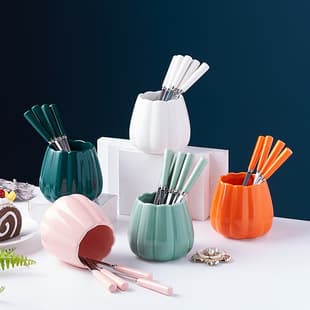 Stainless Steel Fruit Fork Set with Light Luxury Ceramic Storage Jar, Fruit Picks, Home Use Watermelon Fork, High-End Fork and Spoon