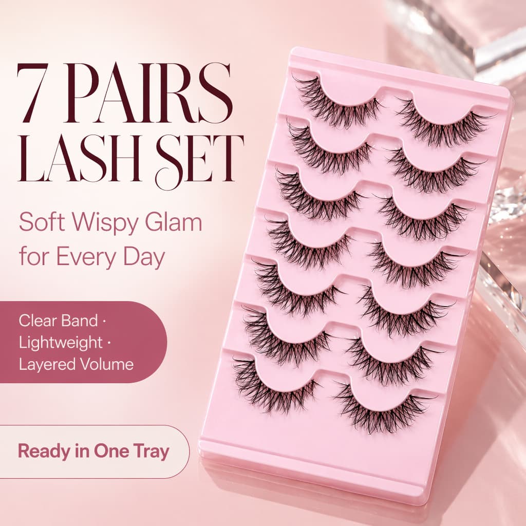 7 Pairs One-Piece Transparent Band False Eyelashes, Natural 3D Simulation Style for Cross-Border Eyelash Trade