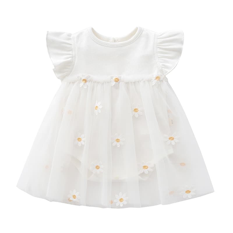 Summer New Baby Girl Dress Kids Floral Tulle Skirt Short Sleeve Korean Princess Dress Daisy Pattern Toddler Clothing