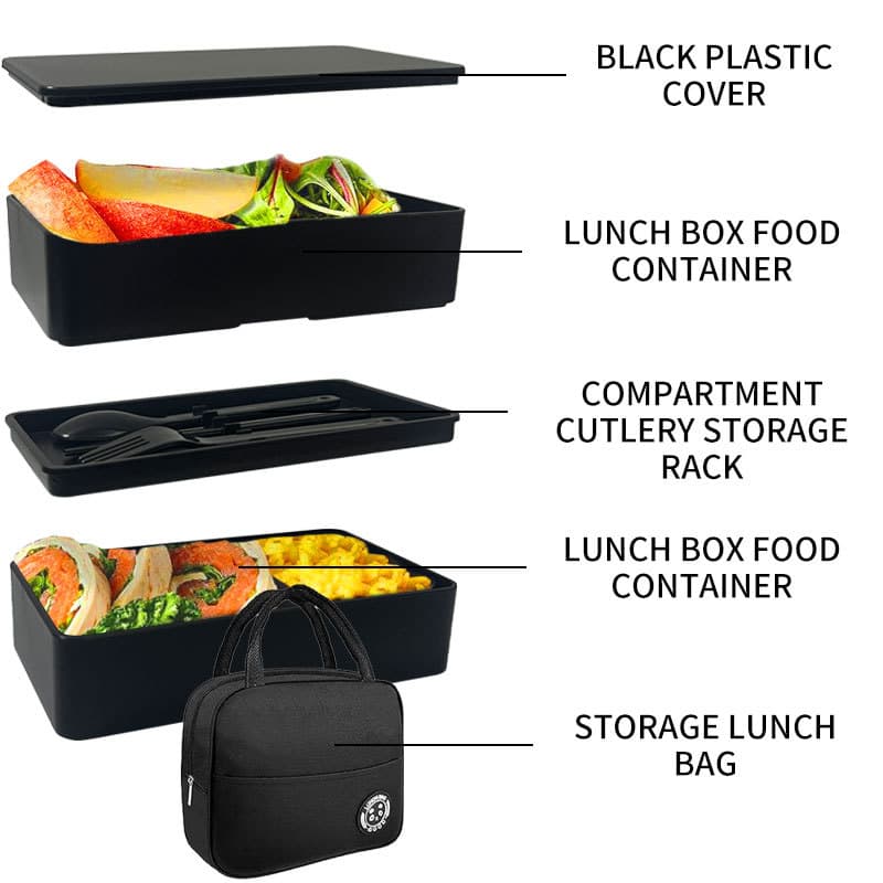 Cross-Border Double-Layer Lunch Box, Household Fresh-Keeping Box, Black Plastic Square Bento Box, Outdoor Portable Lunch Box Set