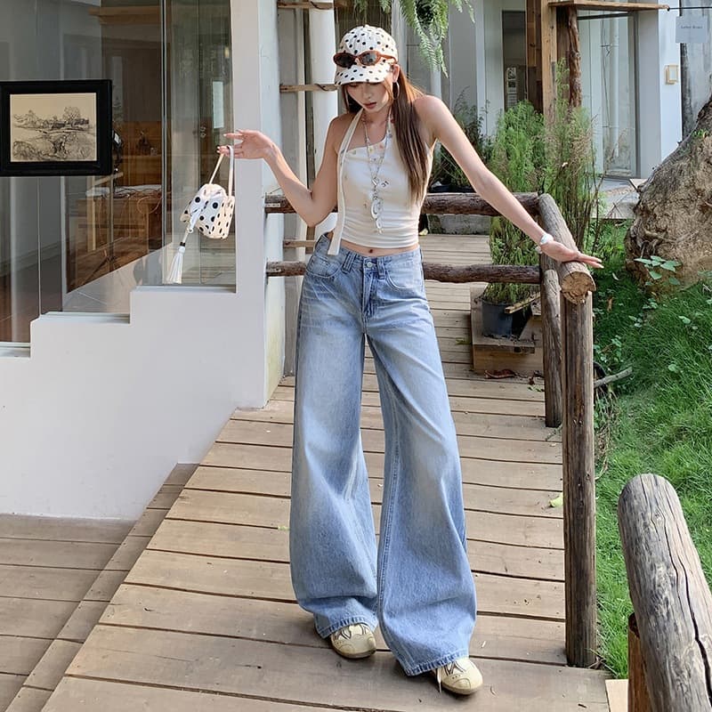 1853# Washed Light Blue American Retro Wide-Leg Jeans for Women, Loose Fit, Slimming Curved Straight-Leg Floor-Length Pants