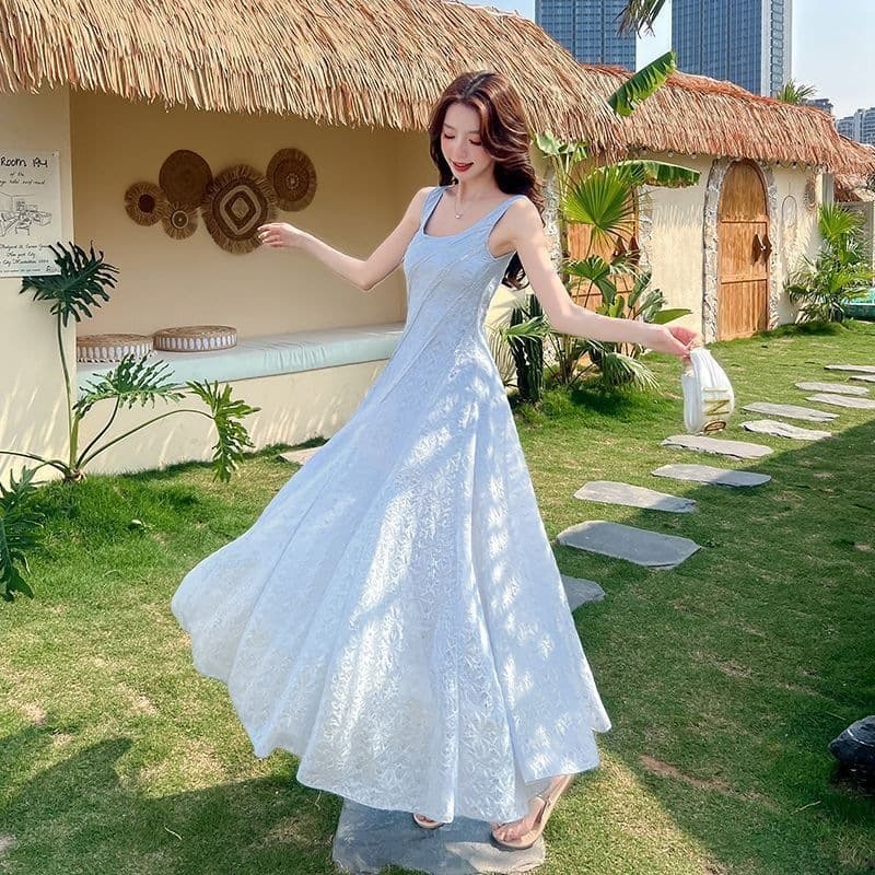 French blue square neck suspender dress for women, summer seaside vacation temperament, high-end waist, slimming and puffy long skirt