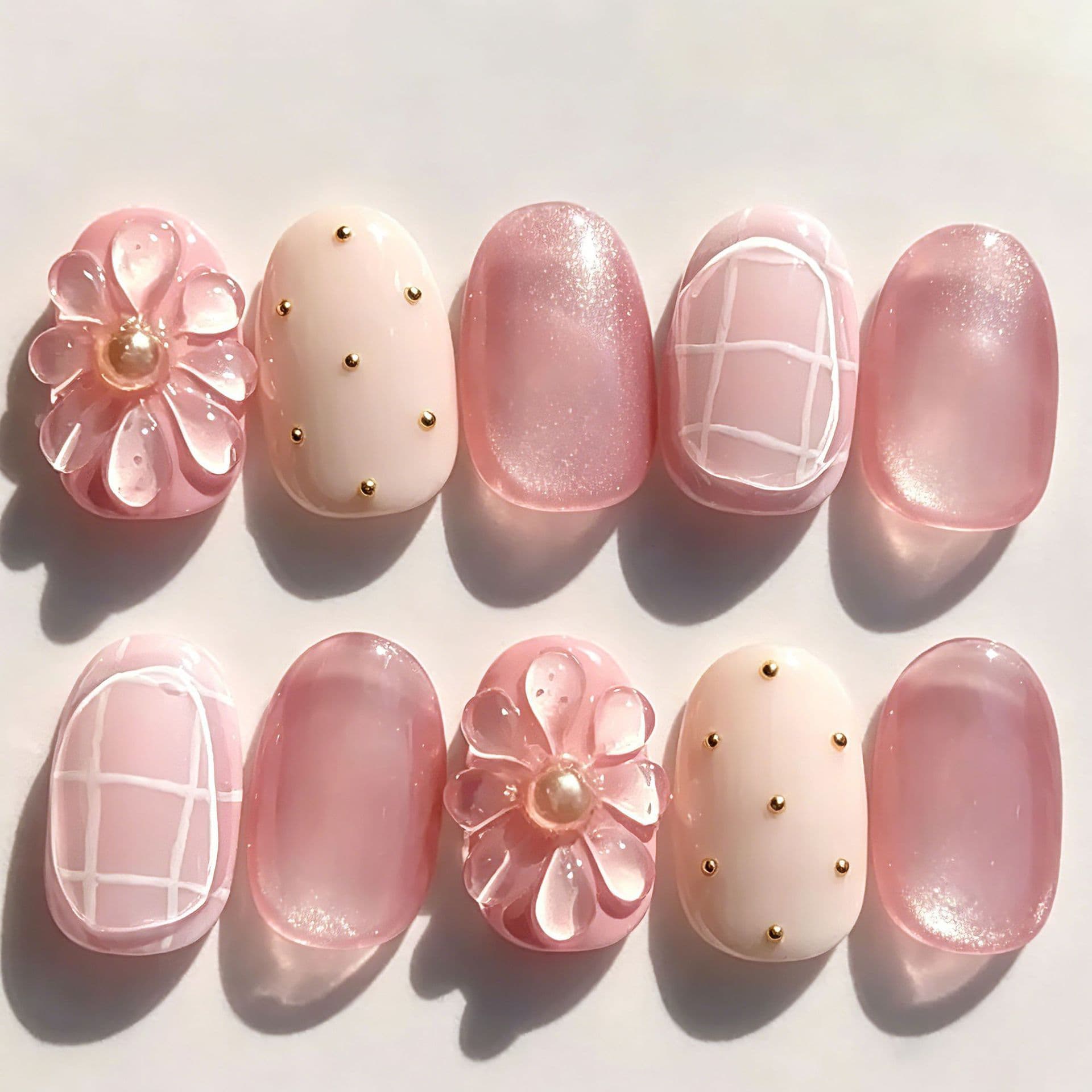 Cross-Border Pure Desire Handmade Press-On Nails Almond Shape Pink 3D Flower Nail Art Blush Press-On Nails Nail Tips Wholesale