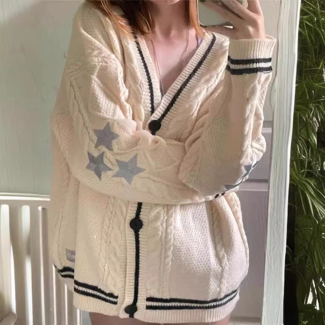 European-American Style New Fall/Winter Women's V-Neck Star Embroidered Long-Sleeve Single-Breasted Loose Casual Knit Sweater Coat