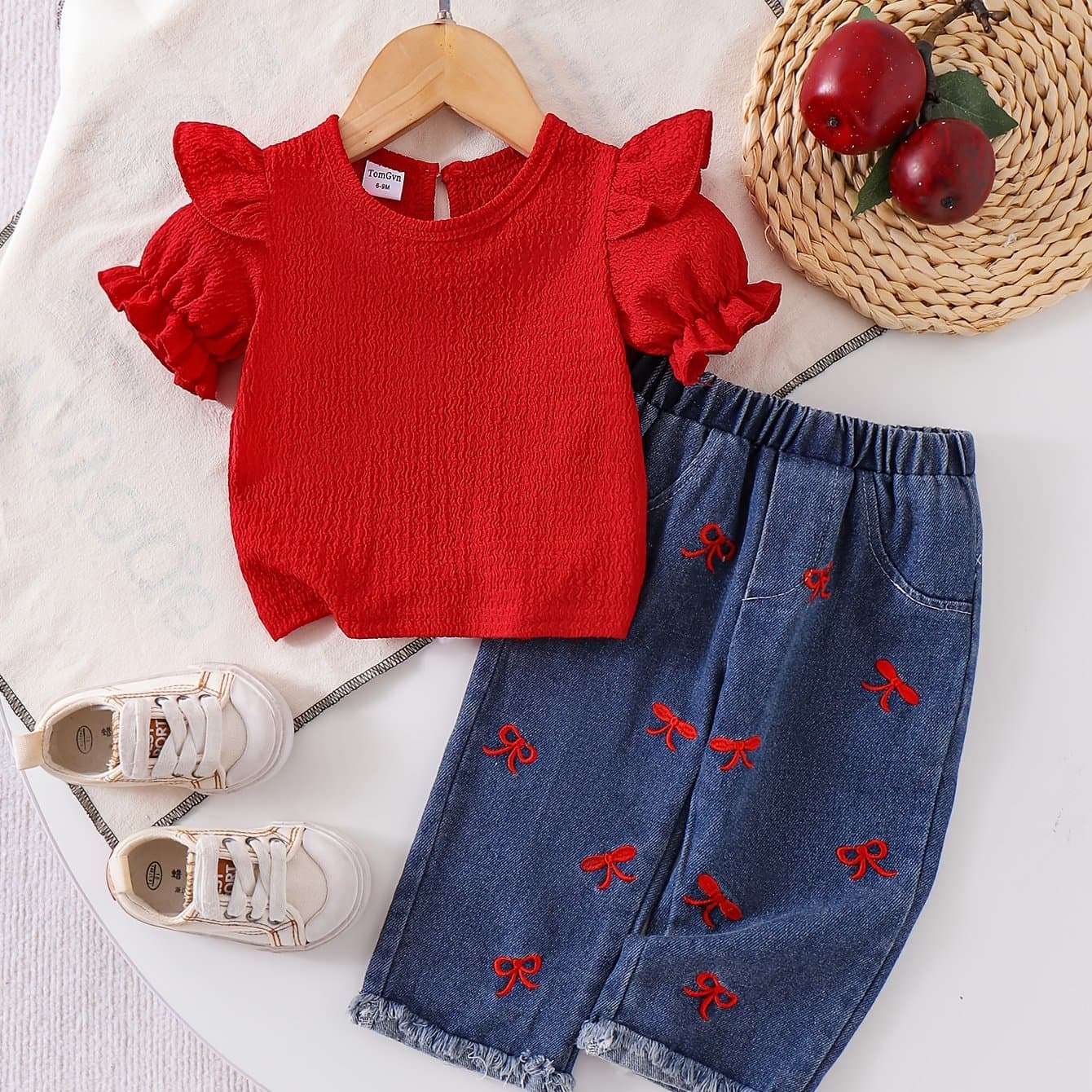 Baby Girls Clothes 0-3Y Summer Flutter Sleeve Bubble Top + Embroidered Denim Long Pants In Stock