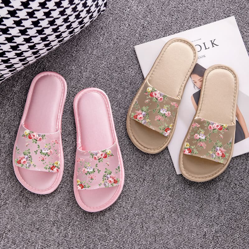 Women's Summer Flat Sandals, One-Strap Style, Premium Satin with Fresh Floral Pattern, Indoor Floor Slippers for Home