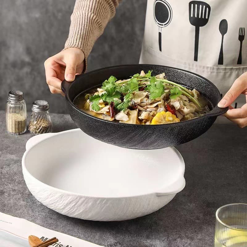 Minimalist Elegant Premium Black and White Ceramic Bowl Tableware Wholesale Household Round Double-Handle Large Soup Bowl Ramen Bowl Soup Bowl