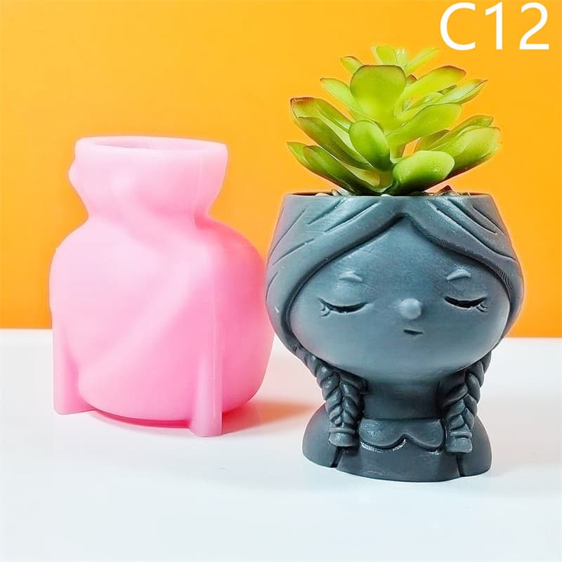 Double Braid Girl Shape Flower Pot Silicone Mold Handmade Succulent Plant Pot Candle Plaster Mold C12
