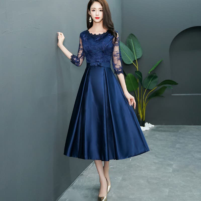 Navy Blue Dress for Women 2026 New Style Mid-Length European, American and Southeast Asian Dress Lace Mid-Sleeve Banquet Evening Dress