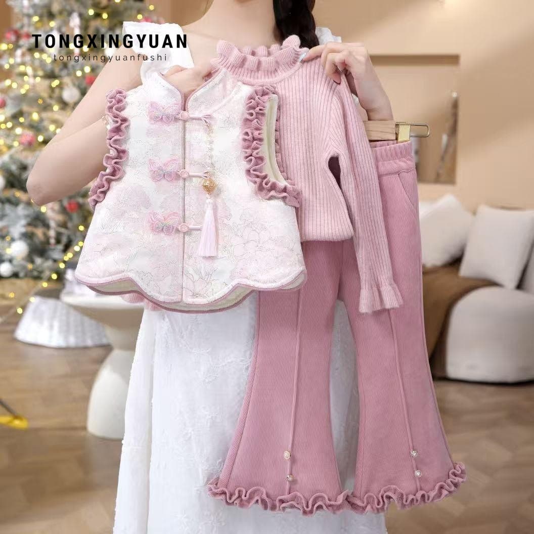 Tongxingyuan Girls' Chinese New Year Outfit Winter Thickened Velvet Tang Suit for Baby Girls Chinese Style Set