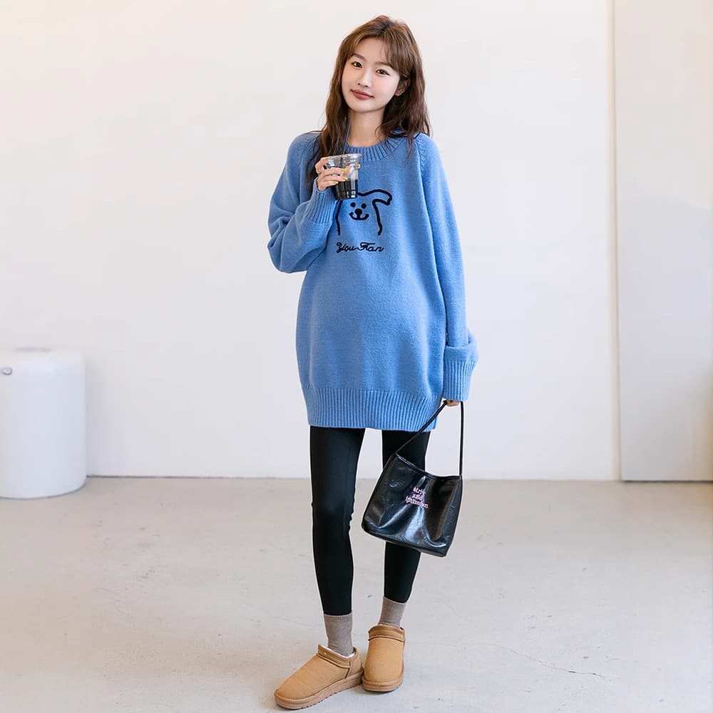 Autumn Winter Maternity Wear Fashion Korean Style Knit Sweater Loose Stretch Cartoon Pattern Round Neck Knit Sweater Mid-Length