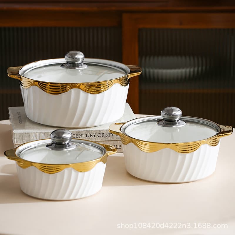 Double-Ear Soup Bowl Gold-Rimmed Tableware Large Soup Basin Soup Pot Creative Household Soup Bowl Soup Tureen Large European-Style Serving Pot with Lid