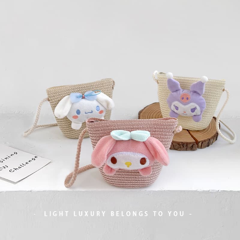 Kids Crossbody Bag Girls Handbag Handmade Straw Woven Bag Little Girls Summer Cute Cartoon Kuromi Mini Backpack
