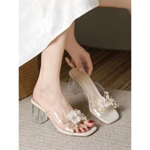 Fairy Style Crystal Slippers for Women, Summer Outdoor Wear with Dresses, French Transparent High Heel Sandals, Comfortable