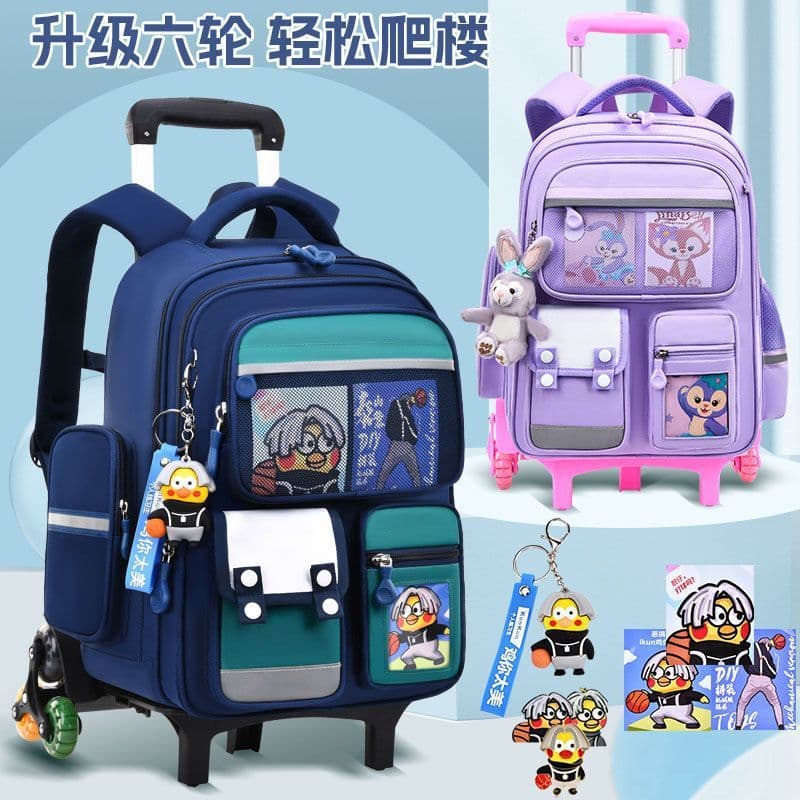 Upgraded six-wheeled trolley schoolbag for primary school students for men and women, lightweight large-capacity spine-protecting backpack for climbing stairs, cartoon cute and trendy