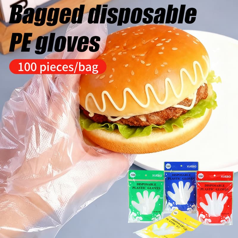 Bag of 100 Disposable PE Thickened Food-Grade Gloves for Burger, Fries, Fried Chicken Shops, Takeout, Oil-Resistant, Household Use