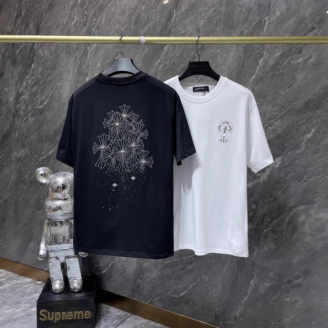 25 new high-definition heavy material ss Croton hot diamond cross handmade willow short-sleeved T-shirt for men and women