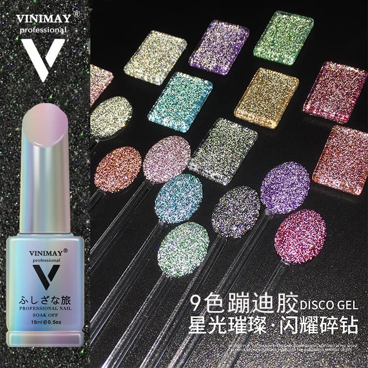 VINIMYAY 9-Color Disco Diamond Gel Reflective Nail Art Glitter, Bright Shimmer, Night Glow UV Gel Polish