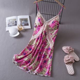 Spring/Autumn Women's Ice Silk Sexy Thin Floral Lace Camisole Sleep Dress with Padded Bra Loungewear Summer