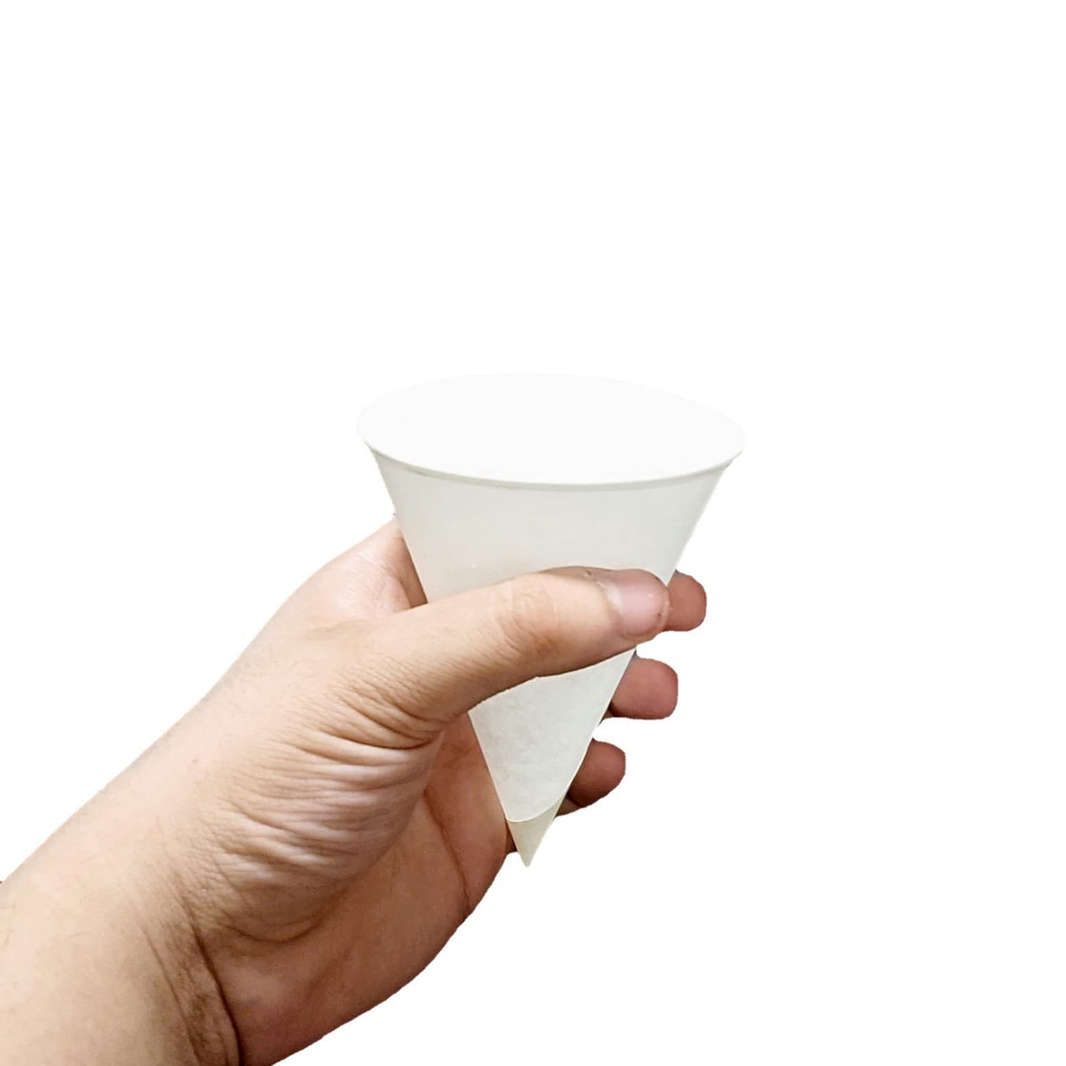 Cone-shaped paper cups with pointed bottoms in 3.7, 4, 4.5, and 6 oz sizes for airport parties and cold beverages.
