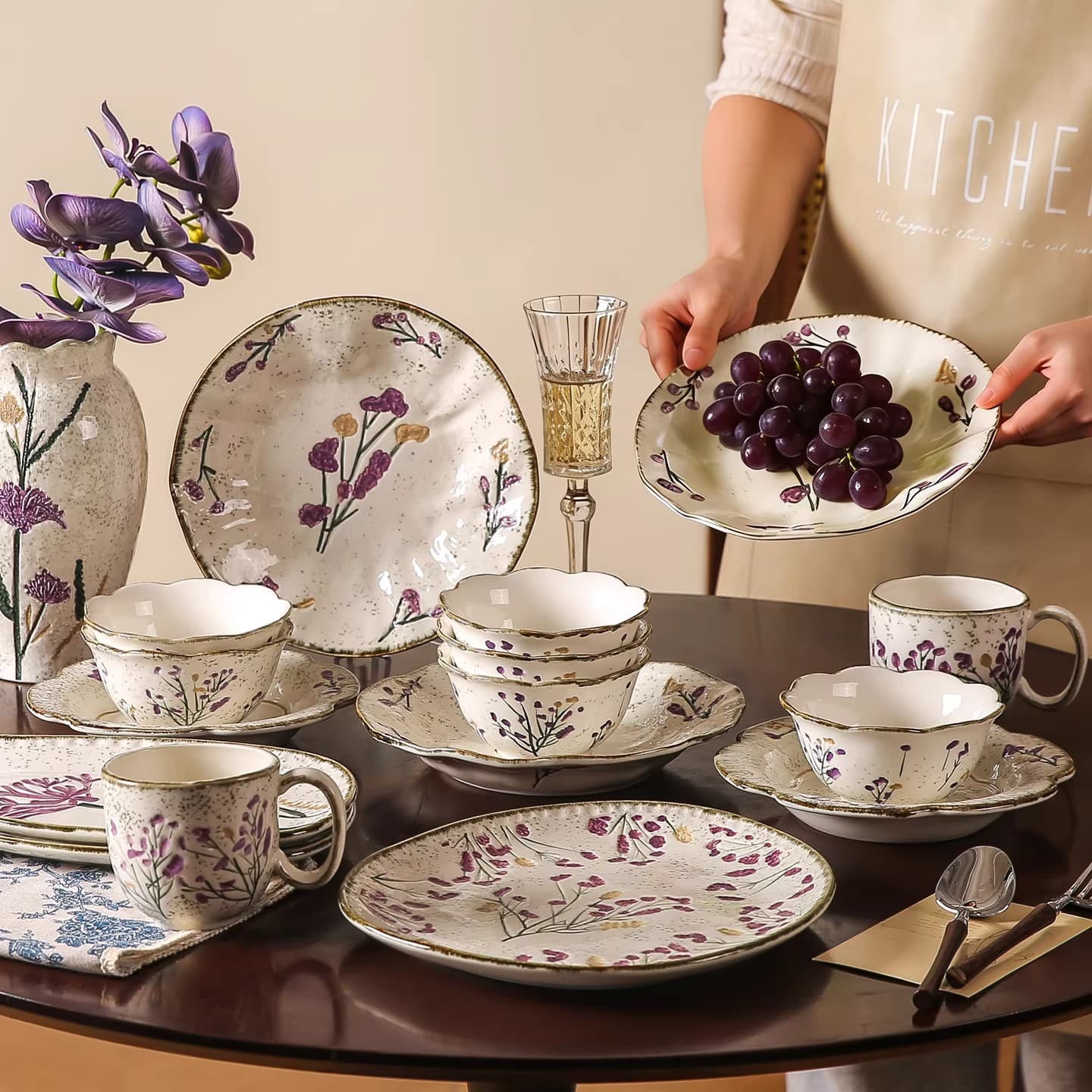 French Vintage Underglaze Ceramic Dinnerware Set - Home Use Plates, Bowls, Soup Bowls, Instant Noodle Bowls, Dessert Mugs