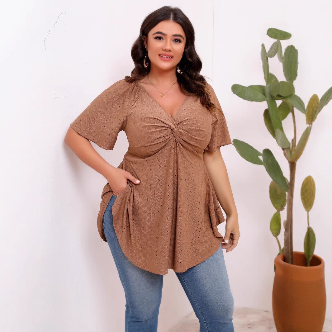 Plus Size Solid Color Cutout Front Twist Waist V-Neck Short Sleeve Flared Top for Amazon Cross-Border Sales