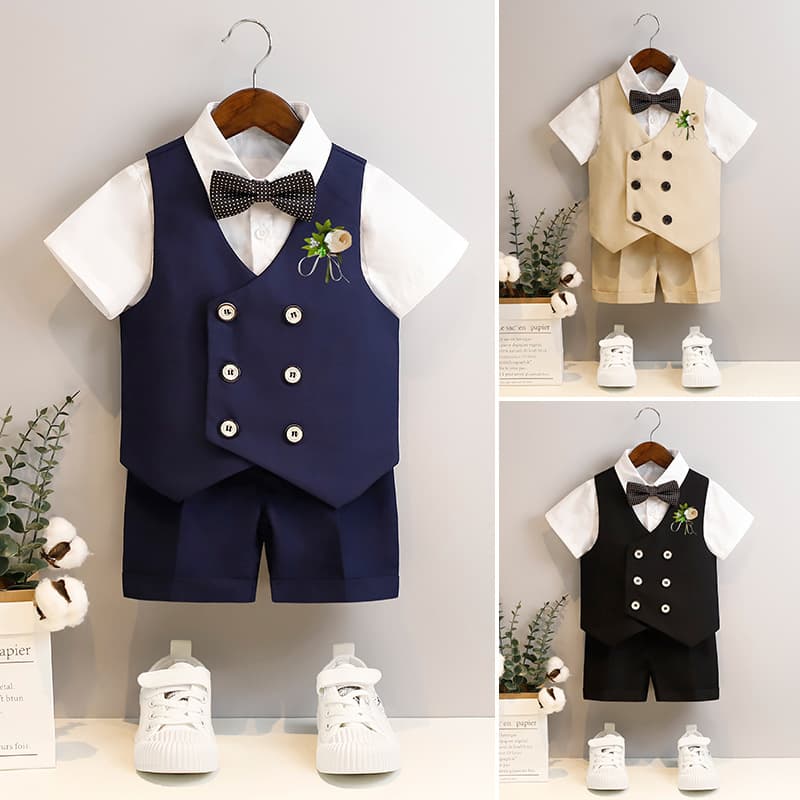 Boys' Suit Set, Spring/Summer Short Sleeve Vest, Floral Toddler Outfit, First Birthday Baby Suit, Piano Performance Costume