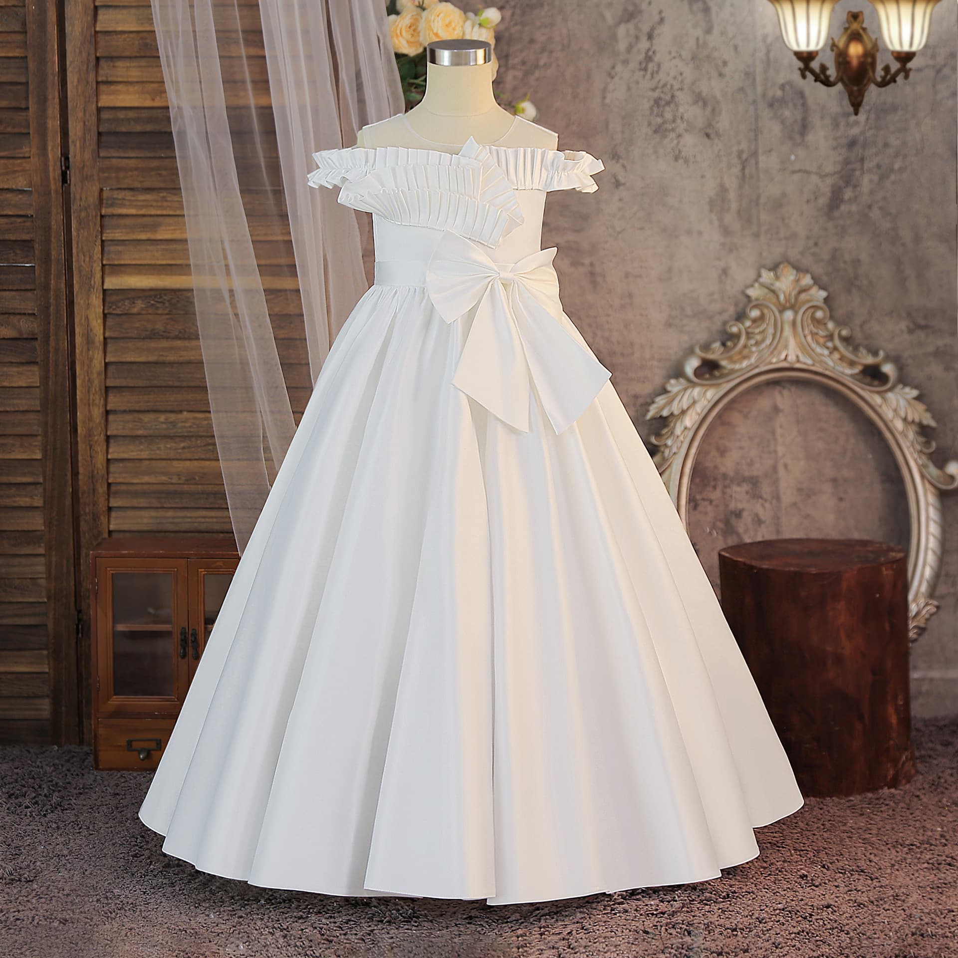 European and American New Children's Gown for Girls Satin Off-Shoulder Bow Long Princess Dress Little Girl Birthday Performance Costume