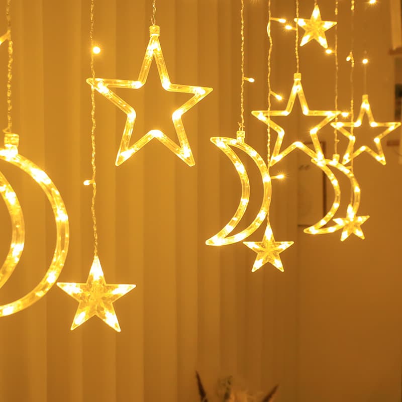 LED colorful lights, star and moon curtain lights, solar Christmas decoration scene layout, outdoor courtyard Christmas lights
