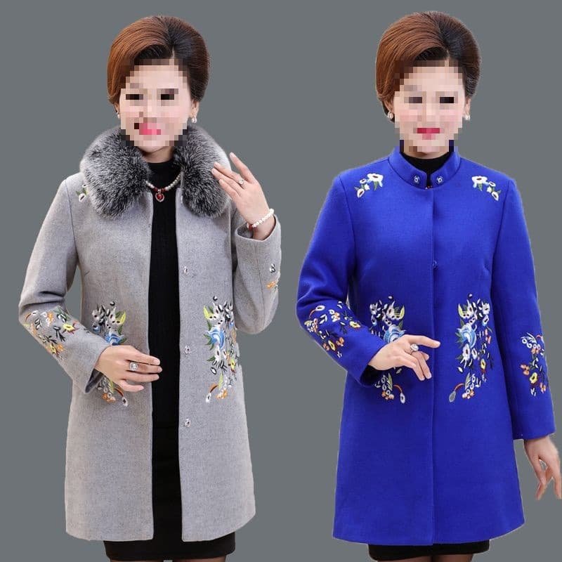 Middle-aged and elderly women's spring and autumn woolen coat set, plus size mother's clothing - mid-length woolen top