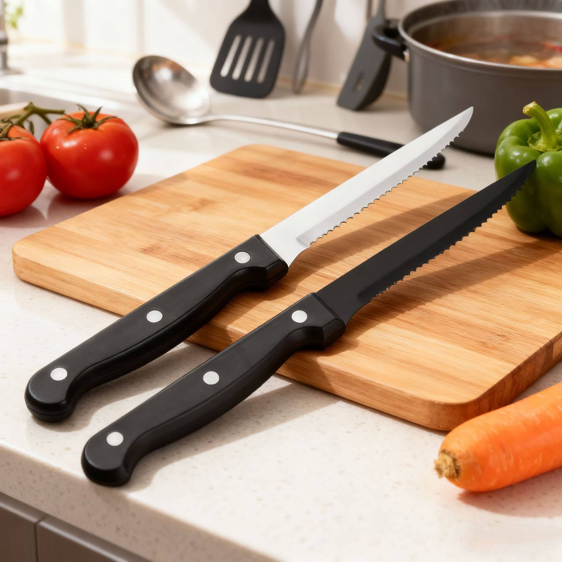 Export cross-border stock, kitchen cutlery stainless steel steak Western knife, black plastic handle steak knife, direct sales
