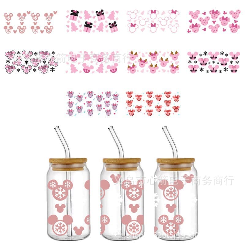 Christmas Mickey Mouse UV DTF Transfer Crystal Clear 16oz Sticker for Glass Cup, Scratch-Resistant, Wholesale Cross-Border