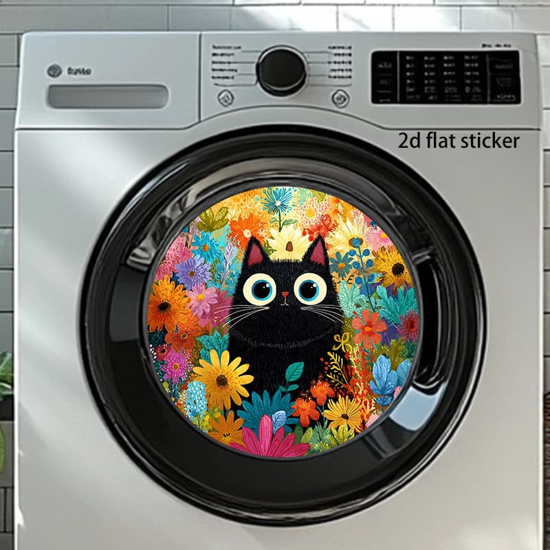Wholesale Cross-Border Flower Bush Black Cat Laundry Room Decorative Round Sticker Removable PVC Material Balcony Background Decoration