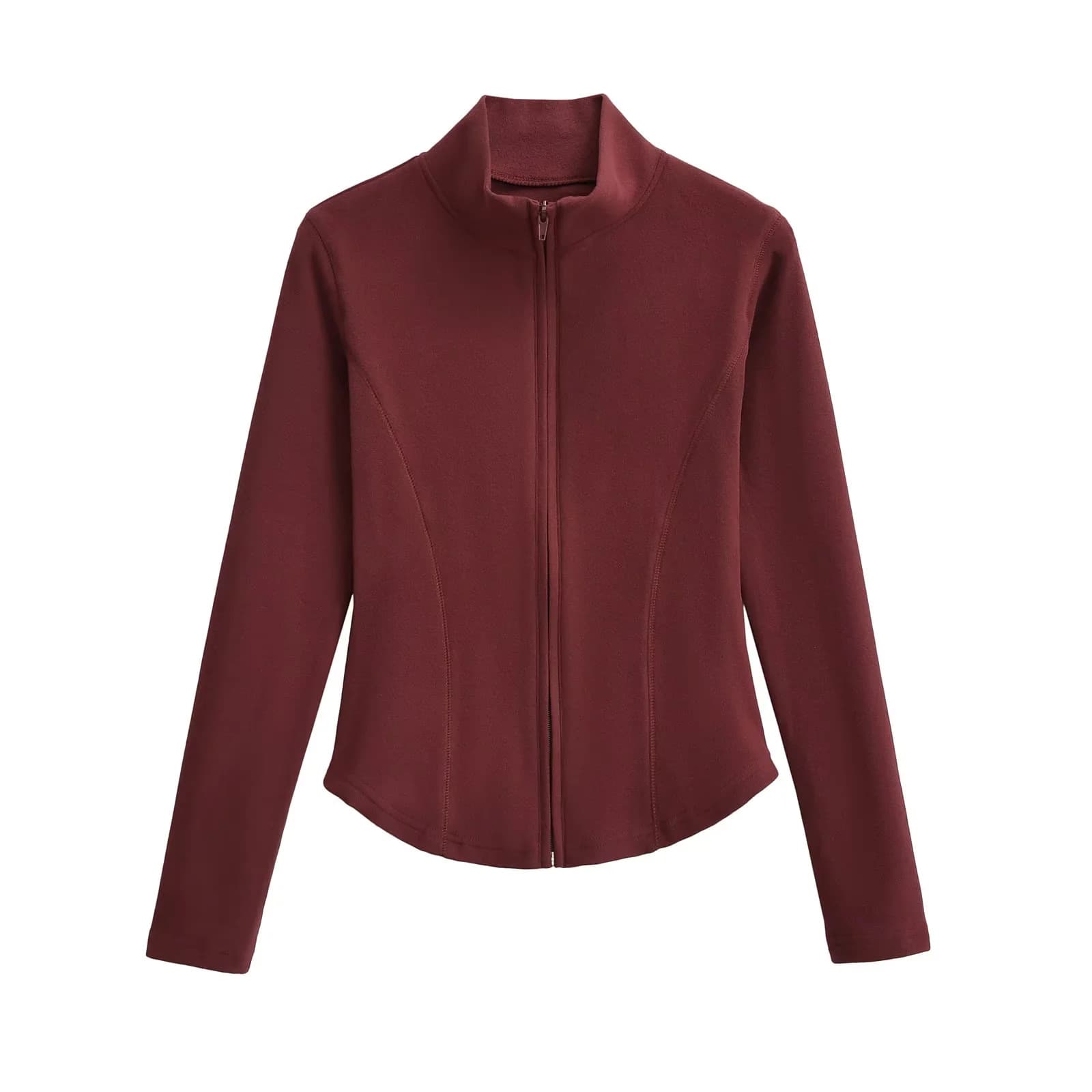 American Retro Stand Collar Zipper Curved Hem Seam Zipper Long Sleeve T-Shirt Fall Slim Fit Casual Sports Top