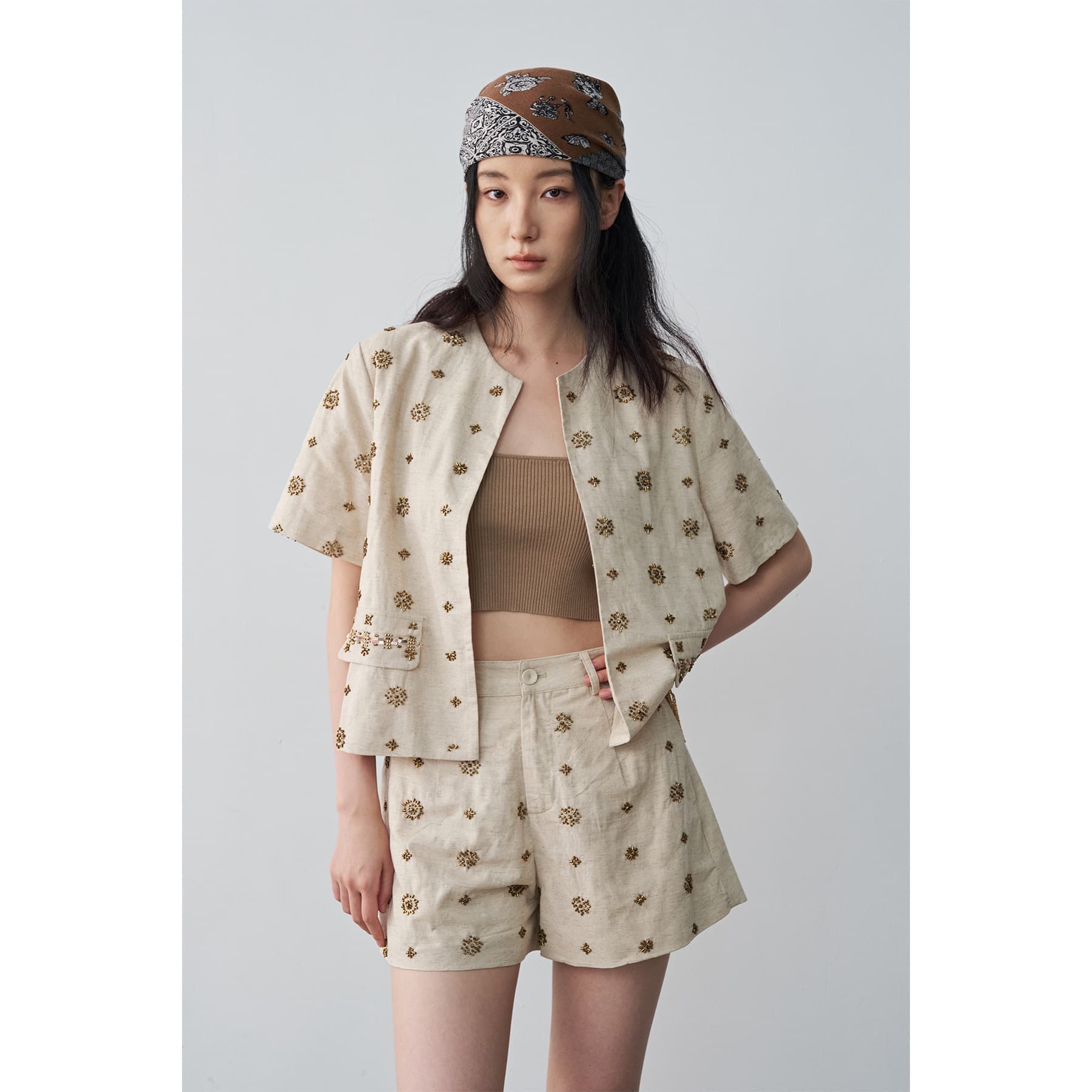 [Special Price, Non-Refundable and Non-Exchangeable] Original 186 Yuan, Linen Round Neck Beaded Short Jacket with Half Sleeves 258665