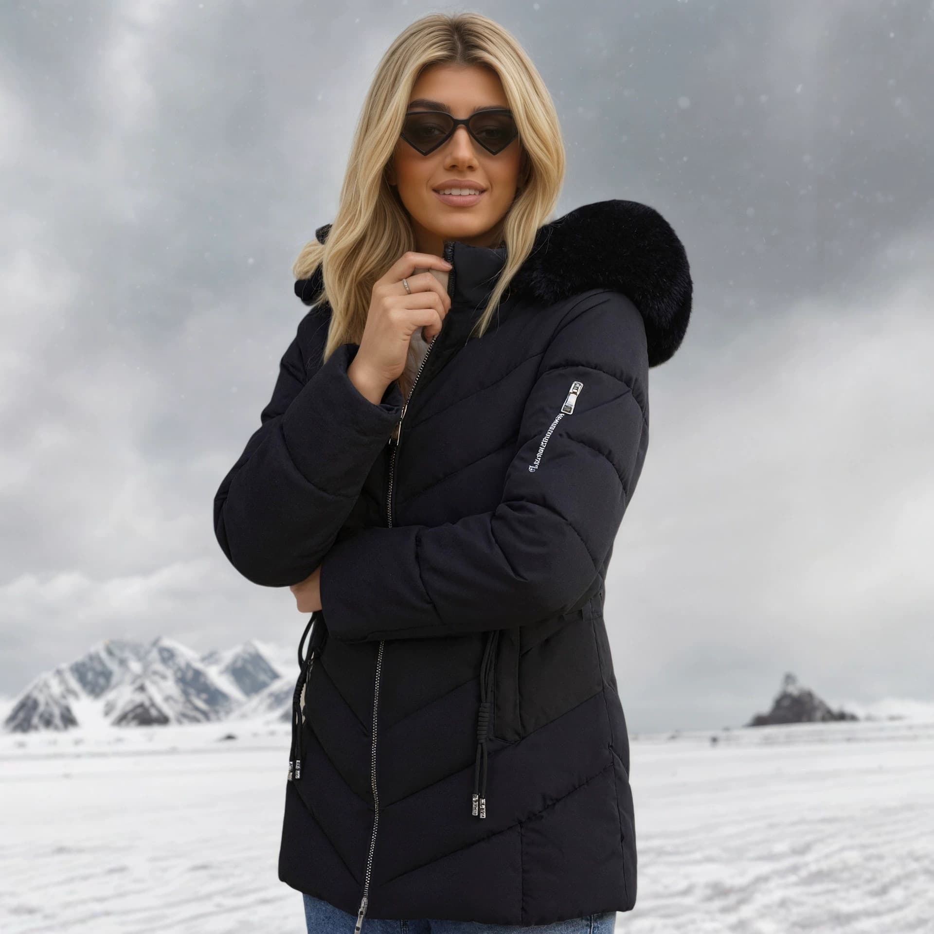 Classic Style Hooded Cotton Coat with Large Fur Collar, Drawstring Waist Slimming, Thickened and Warm Winter Jacket for Women