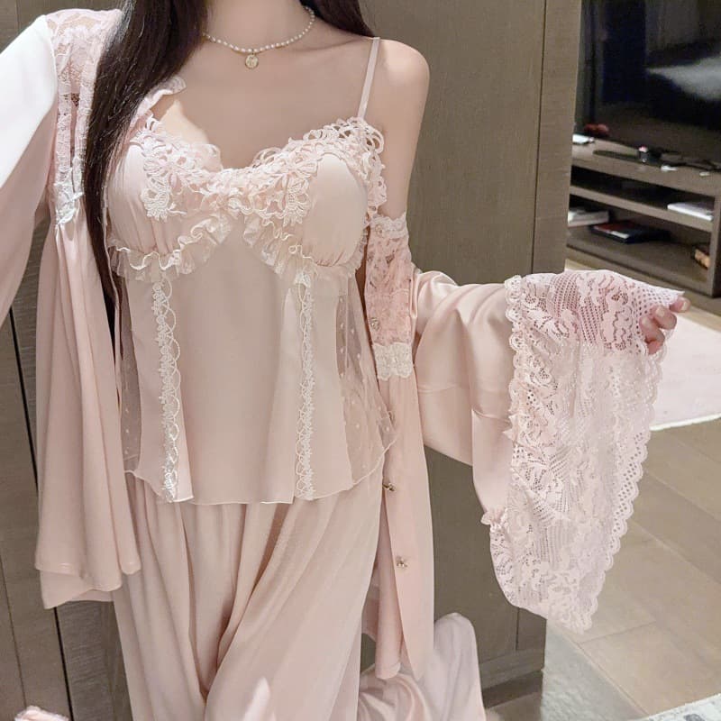 Cross-Border Factory New Ice Silk Pajama Four-Piece Set Sexy Padded Camisole Shorts French Style Homewear Wearable Outside