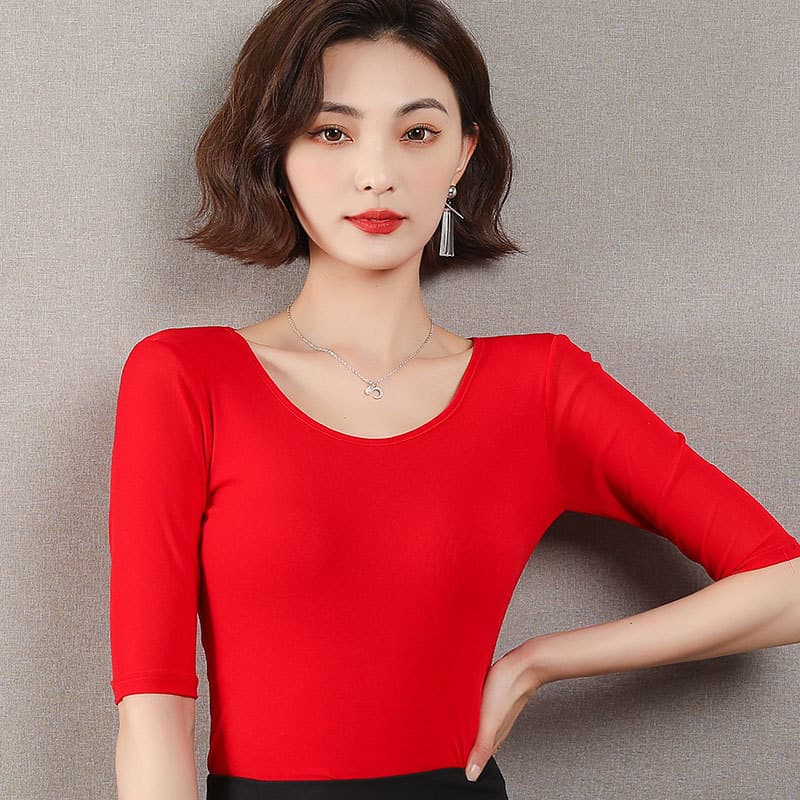 Summer Women's T-shirt Five-Quarter Sleeve round Neck Mesh Base Shirt Pure Color Basic Style Spring Autumn New Arrival
