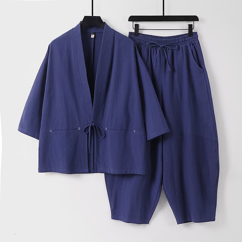 Plus Size Cotton Linen Set Chinese Style Linen Three-Quarter Sleeve Men's Summer Loose T-Shirt Two-Piece Set Breathable Shirt