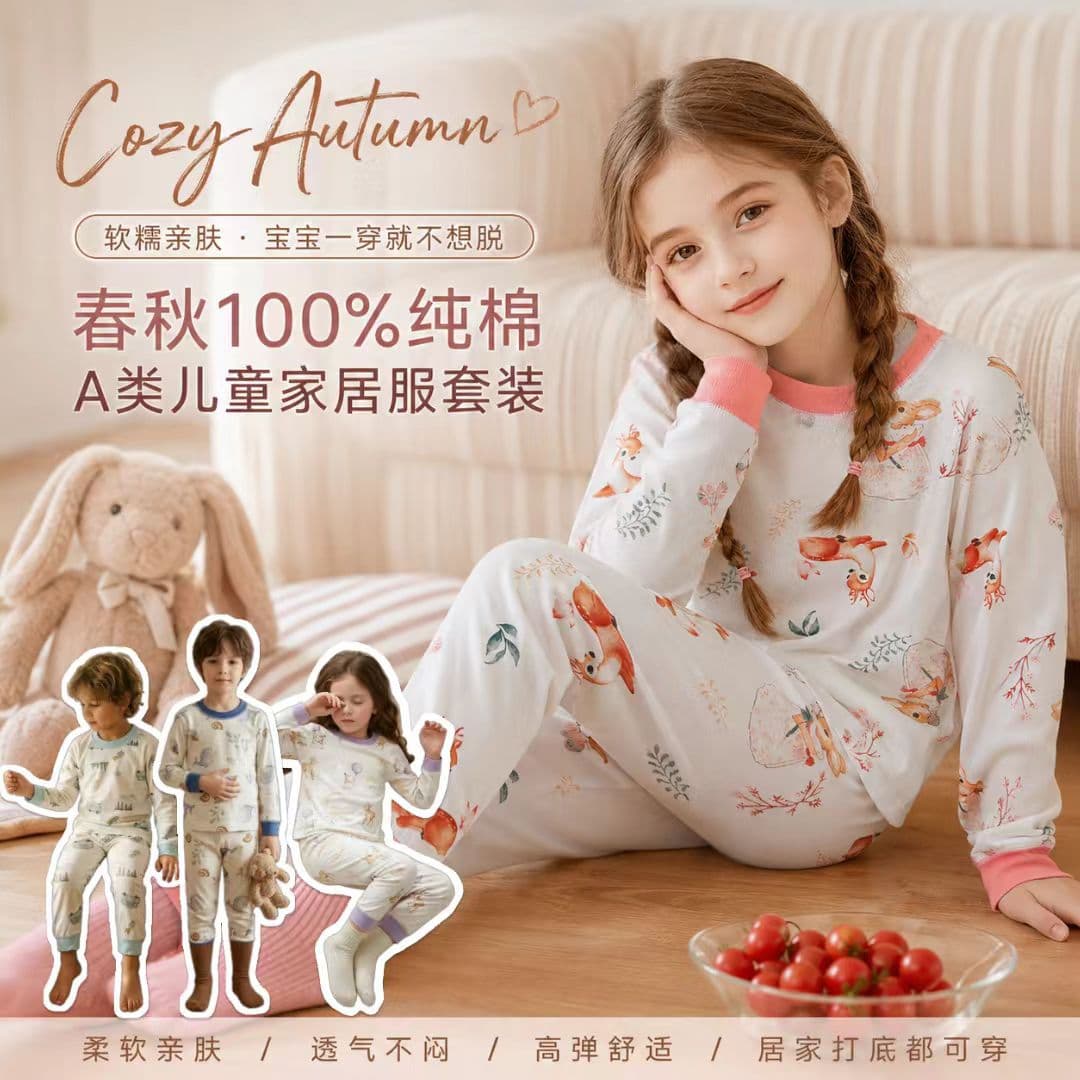 100% cotton children's autumn clothes and long pants underwear set spring and autumn type A boneless home clothes for boys and girls cotton pajamas