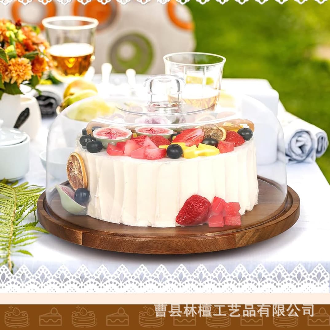 Ready stock wooden cake tray rotatable birthday party dessert snack display plate decorative dessert stand with lid