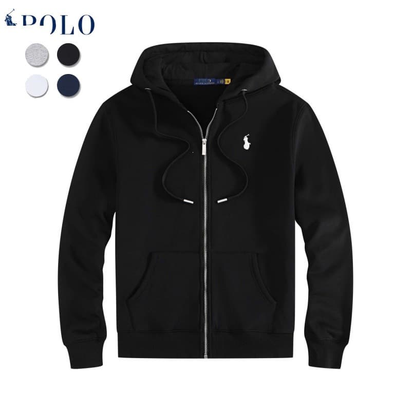 Spring/Autumn Cardigan Sweatshirt, Men's Cross-border Ralph Lauren Hooded Zip-up Sweatshirt, Solid Color, Embroidered Pony Logo, Fleece-lined Jacket