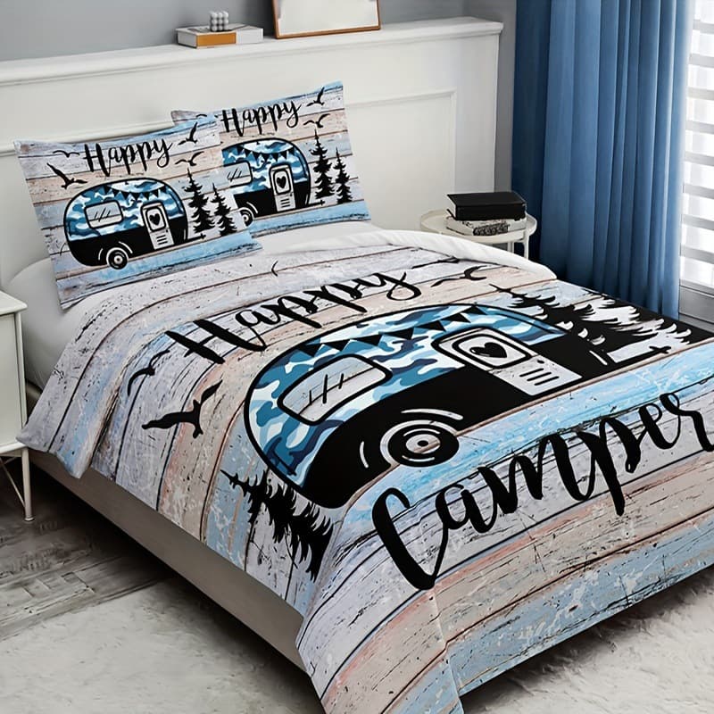Cross-border Three-piece Bedding Set Forest Car Stripes Camping 3D Digital Print Sheet Bedding Set