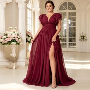 Amazon Cross-border Plus Size Evening Dress for Women, Ruffle Short Sleeve High Waist Split Long Bridesmaid Dress, Fat Mother Dress for Banquet