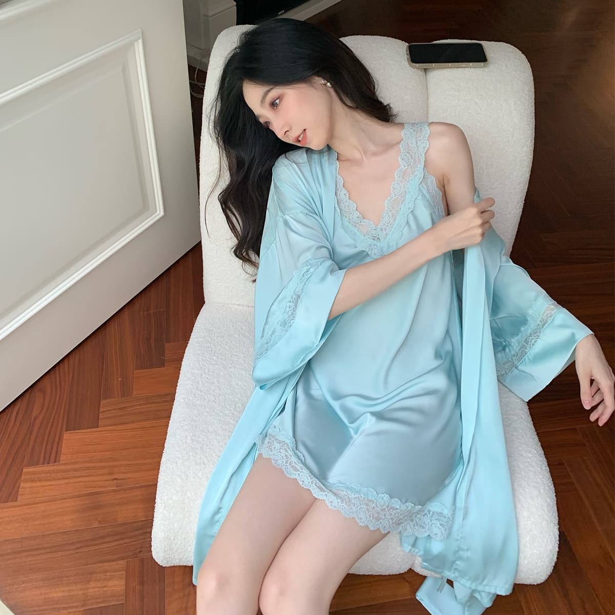 2026 New Style Back-Tie Bow Women's Nightgown Camisole Pajama Two-Piece Set Loungewear for Spring, Autumn and Summer