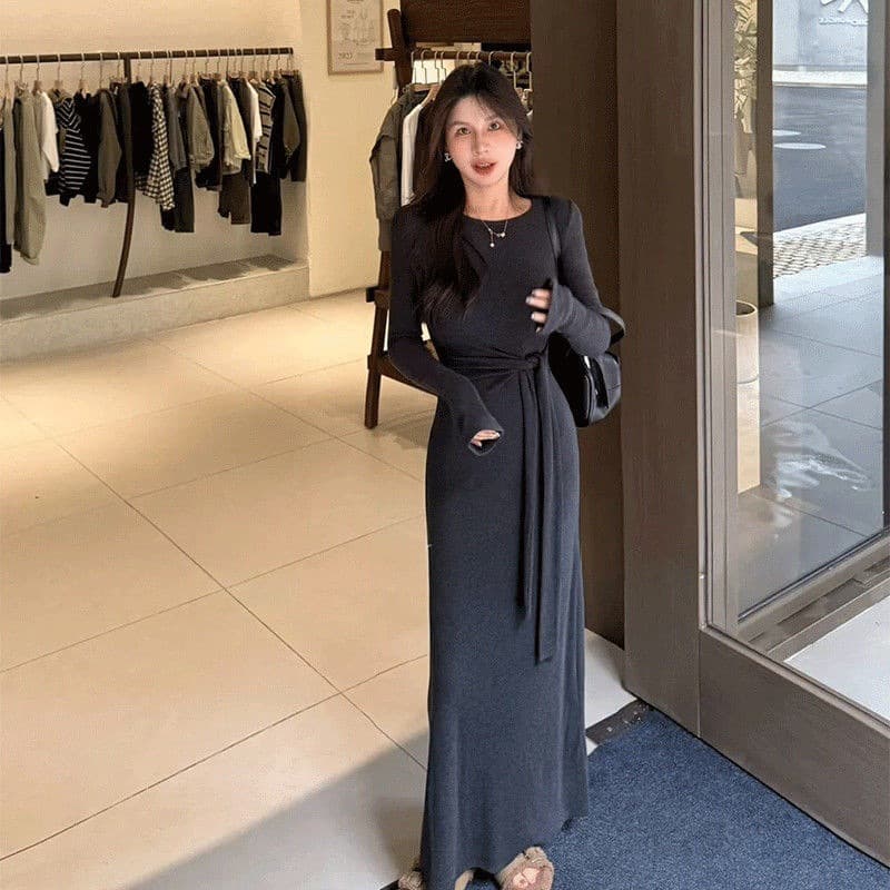 New Round Neck Tie Long Sleeve Fashion Dress for Women, Brushed Stretch Fabric, Slimming and Elegant Long Dress for Fall and Winter